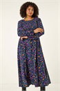 Navy  Curve Floral Print Shirred Midi Dress, Image 2 of 5