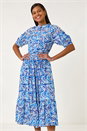 Blue Abstract Print Lace Trim Midi Dress, Image 1 of 5