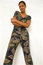 Navy Leaf Print V-Neck Jumpsuit, Image 1 of 5