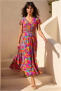 Fuchsia Floral Ruched Waist Midi Dress, Image 2 of 4