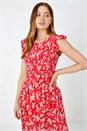 Red Floral Print Shirred Midi Dress, Image 4 of 5