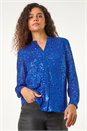 Royal Blue Embellished Sequin Stretch Blouse, Image 4 of 5