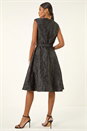 Black Metallic Brocade Belted Dress, Image 3 of 5