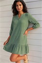 Khaki Textured V-Neck Smock Dress, Image 1 of 4
