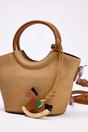 Beige Women's Woven Mini Tote Bag with Ring Handle and Charm Detail, Image 2 of 3