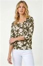 KHAKI Floral Print Bubble Hem Top, Image 3 of 5
