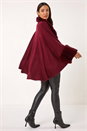 Wine Faux Fur Trim Knitted Poncho, Image 1 of 5