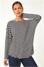 Black Relaxed Stripe Print Long Sleeve Stretch Top, Image 1 of 5