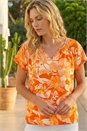ORANGE Abstract Leaf Print Stretch Top , Image 1 of 4
