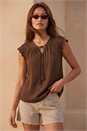 Chocolate Satin Crochet Tie Front Tunic Top, Image 2 of 4