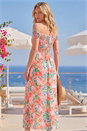 Pink Floral Print Bardot Shirred Midi Dress, Image 3 of 4
