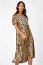 Camel  Leopard Print Tiered Midi Dress, Image 3 of 6