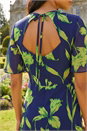 Navy  Leaf Print Back Tie Midi Dress, Image 4 of 4
