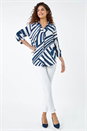 Navy  Linear Print V-Neck Pleat Front Tunic Top, Image 2 of 5
