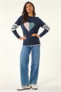 Midnight Blue Heart Print Stripe Sleeve Jumper, Image 2 of 5