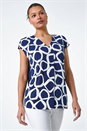 Navy  Circle Ring Print V-Neck Stretch Top, Image 1 of 5
