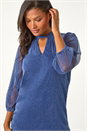 Blue Twist Neck Glitter Mesh Top, Image 1 of 5