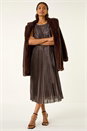 Chocolate Metallic Pleated Midi Dress, Image 2 of 6