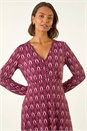 Red Geo Print V-Neck Stretch Midi Dress, Image 4 of 5