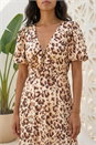 Beige Animal Print Tie Front Midi Dress, Image 3 of 3