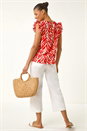 Red Printed Frill Sleeve Button Up Blouse, Image 3 of 5