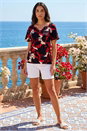 Red Gathered Notch Neck Stretch Top, Image 2 of 4