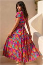Fuchsia Floral Ruched Waist Midi Dress, Image 3 of 4