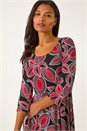 Red Leaf Print Hanky Hem Stretch Midi Dress, Image 4 of 5