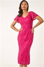 Fuchsia Sequin Lace Ruffle Stretch Midi Dress, Image 1 of 5