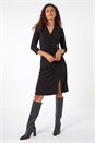 Black Ruched Button Stretch Midi Shirt Dress, Image 4 of 5