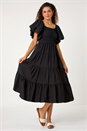 Black Puff Sleeve Tiered Midi Dress, Image 4 of 6