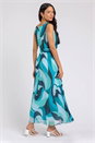 Turquoise Abstract Print Pleated Chiffon Maxi Dress, Image 2 of 5