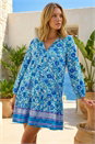 Blue Floral Print Border Smock Dress, Image 2 of 4