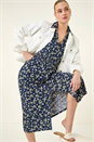 Navy  Ditsy Print V-Neck Midi Dress, Image 2 of 6
