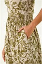 Khaki Floral Print Ruched Stretch Midi Dress, Image 5 of 5