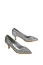 Silver XY LONDON Silver 'Gwyneth' Pointed Toe Mid Stiletto Kitten Heel Court Shoes, Image 4 of 4
