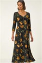 Yellow Floral Print Ruched Stretch Midi Dress, Image 4 of 5