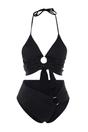 Black Halterneck Ring Detail Ruched Bikini Set, Image 2 of 4