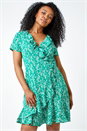 Green Petite Floral Print Ruffle Wrap Skater Dress, Image 4 of 5