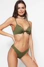 Khaki WOVCOR Khaki Bow Detail Padded Balconette Bikini Top, Image 1 of 5