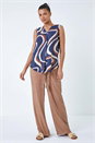 Navy Sleeveless V-Neck Swirl Print Pleat Front Top, Image 2 of 5