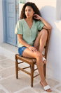 Green Petite Embroidered V-Neck Top, Image 3 of 4