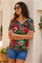 Coral Textured Floral Print V-Neck Top, Image 3 of 4