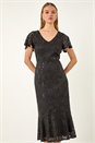 Black Sequin Lace Ruffle Midi Dress, Image 1 of 5