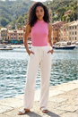 White Elastic Tie Waist Linen Blend Trouser, Image 1 of 4