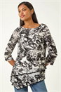 Black Flock Floral Asymmetric Hem Top, Image 1 of 5