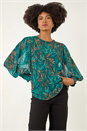 Dark Green Metallic Abstract Printed Top, Image 4 of 5