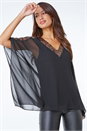 Black Sequin Embellished Trim Chiffon Overlay Top, Image 1 of 5