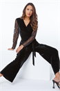 Black Lace Sleeve Velvet Wrap Jumpsuit, Image 2 of 5