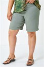 Khaki Curve Elastic Waist Turn Hem Stretch Shorts, Image 4 of 5